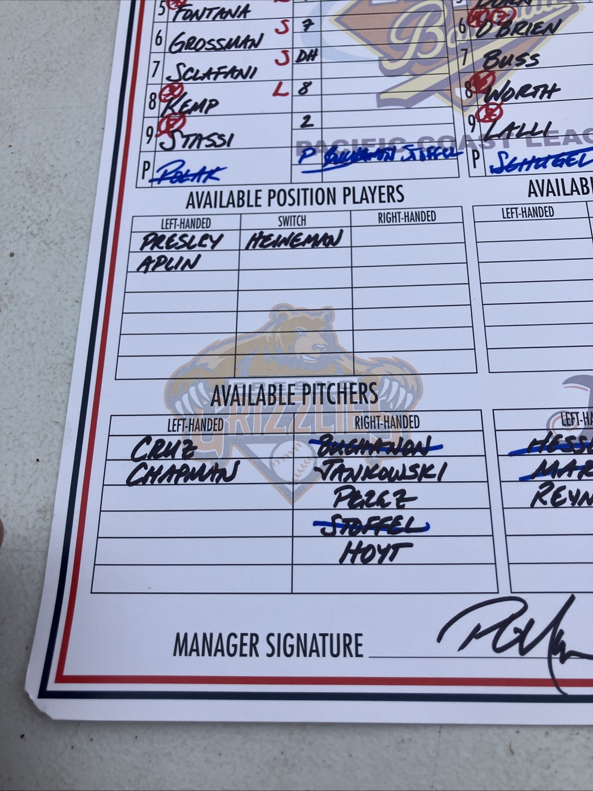 Minor-league baseball lineup card signed by Phil Nevin Mgr. Reno Aces Vs Fresno