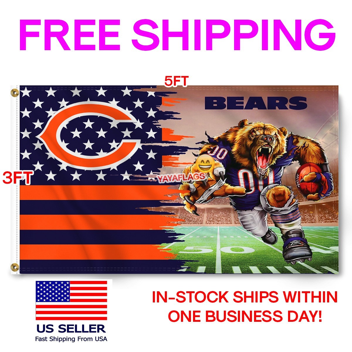 Chicago Bears 3×5 ft Flag Banner NFL Football Wall Decor Banner FREE Shipping