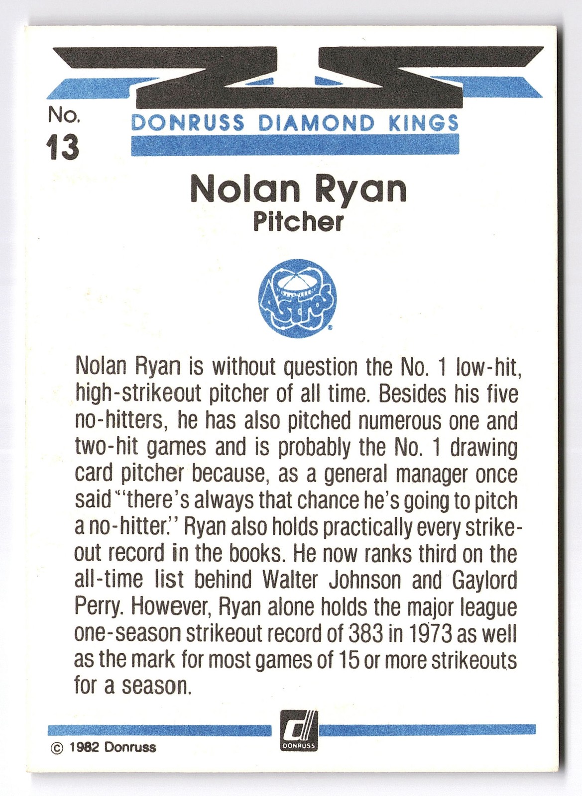 1982 Donruss #13 Nolan Ryan Diamond Kings Houston Astros HOF EX-NRMT