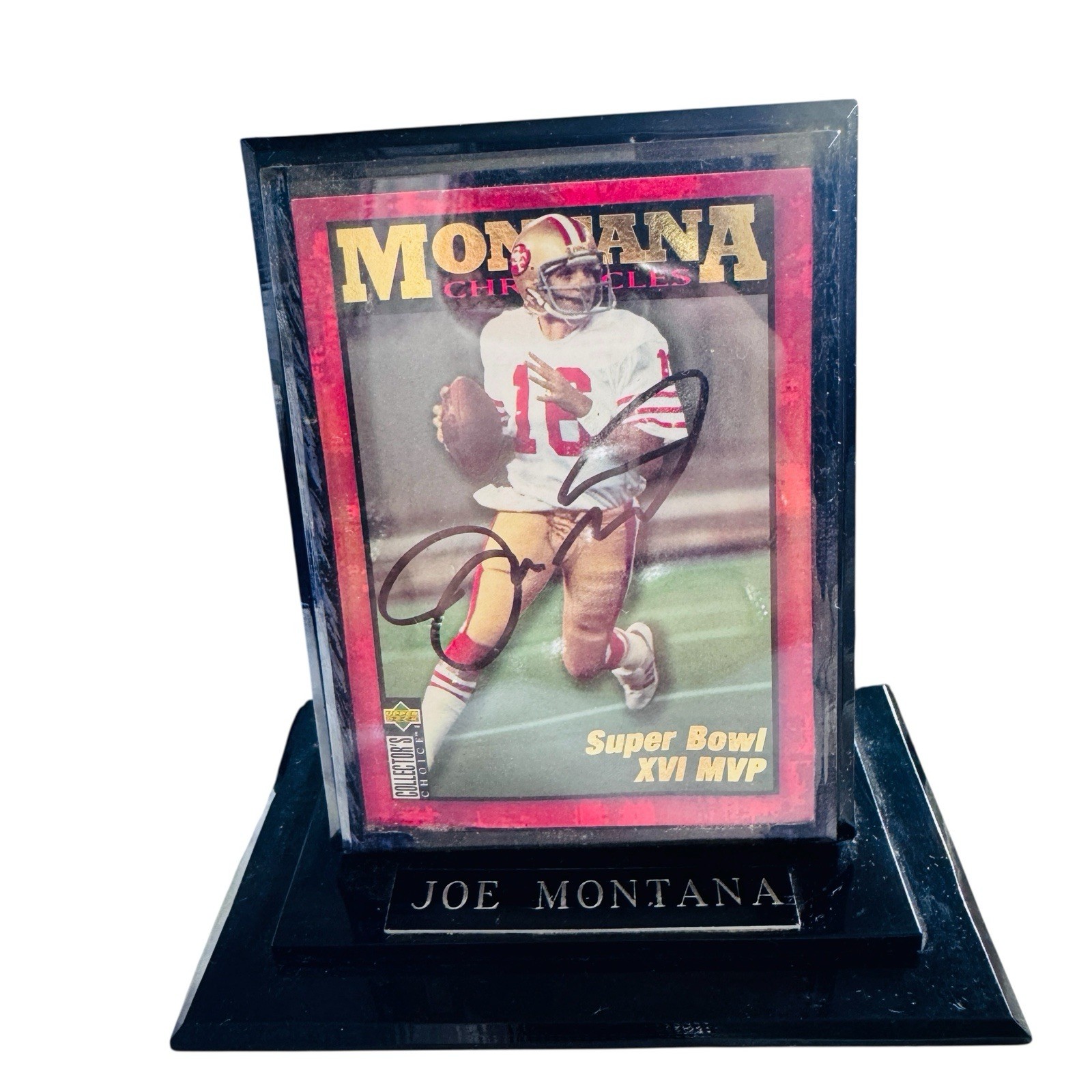 Joe Montana 49ers Autographed NFL Football Card On Display Stand. No COA