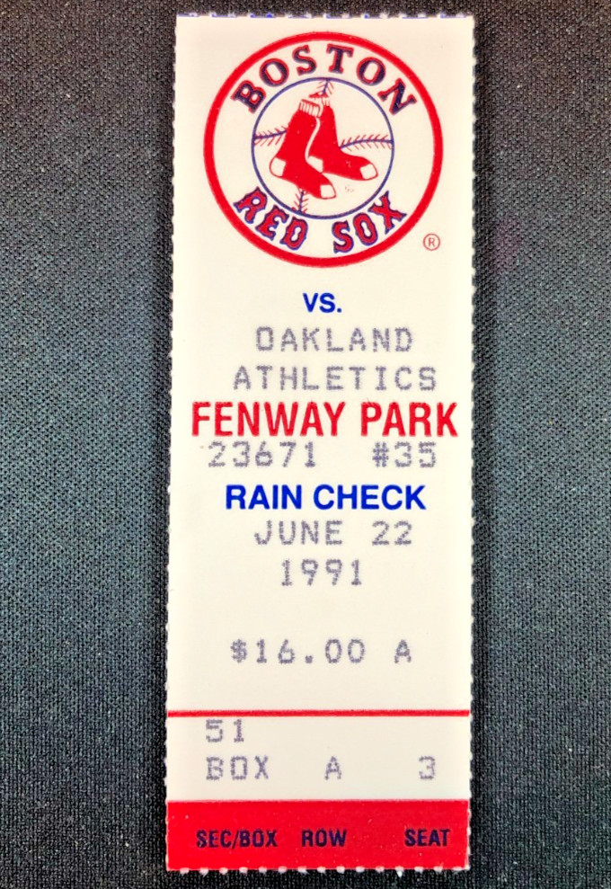 Vintage Red Sox Ticket Stub Boston Red Sox vs. Oakland Athletics, 06/22/1991