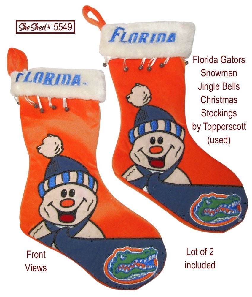 Florida Gators Christmas Stocking Lot of 2 Snowman Jingle Bells Topperscott NCAA