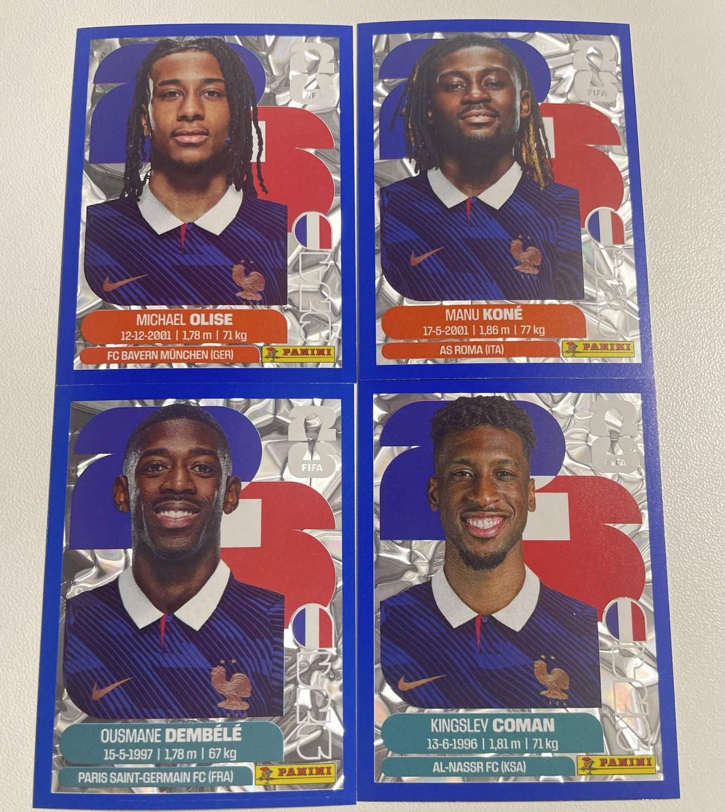 2026 Panini FIFA World Cup Lot of 4 Blue Crumple for Francia Stickers