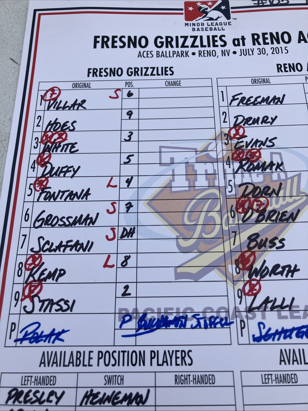 Minor-league baseball lineup card signed by Phil Nevin Mgr. Reno Aces Vs Fresno