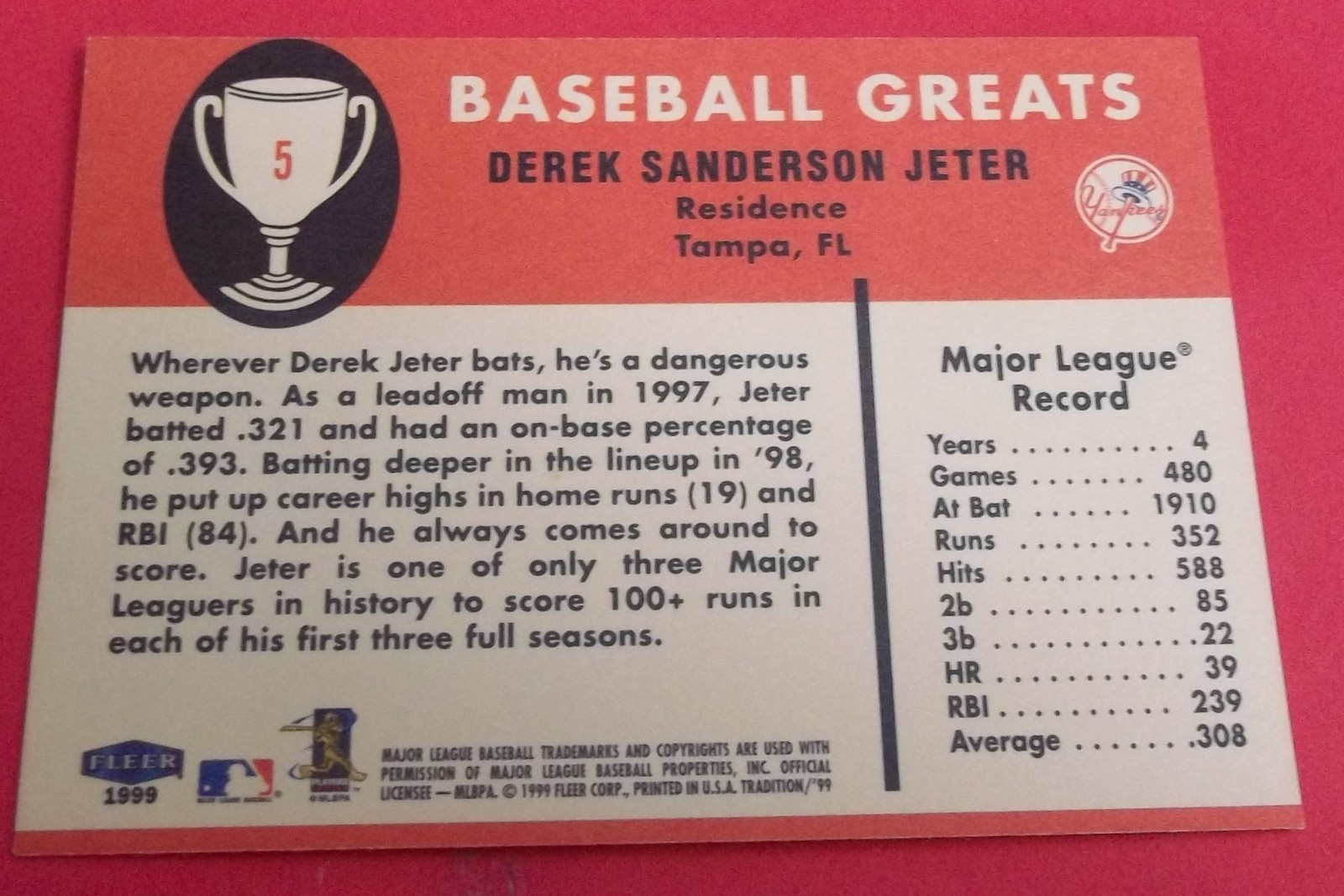 1999 Fleer Insert – Baseball Greats #5 DEREK JETER – Yankees – FREE Shipping