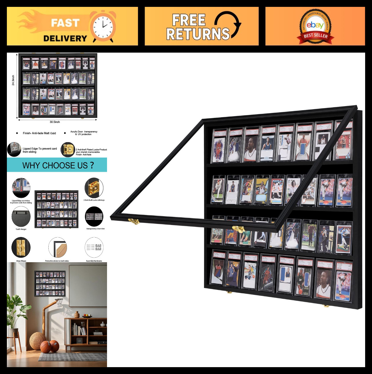 36-Count Baseball Card Display Case with UV Protection & Lock, Wall Cabinet for