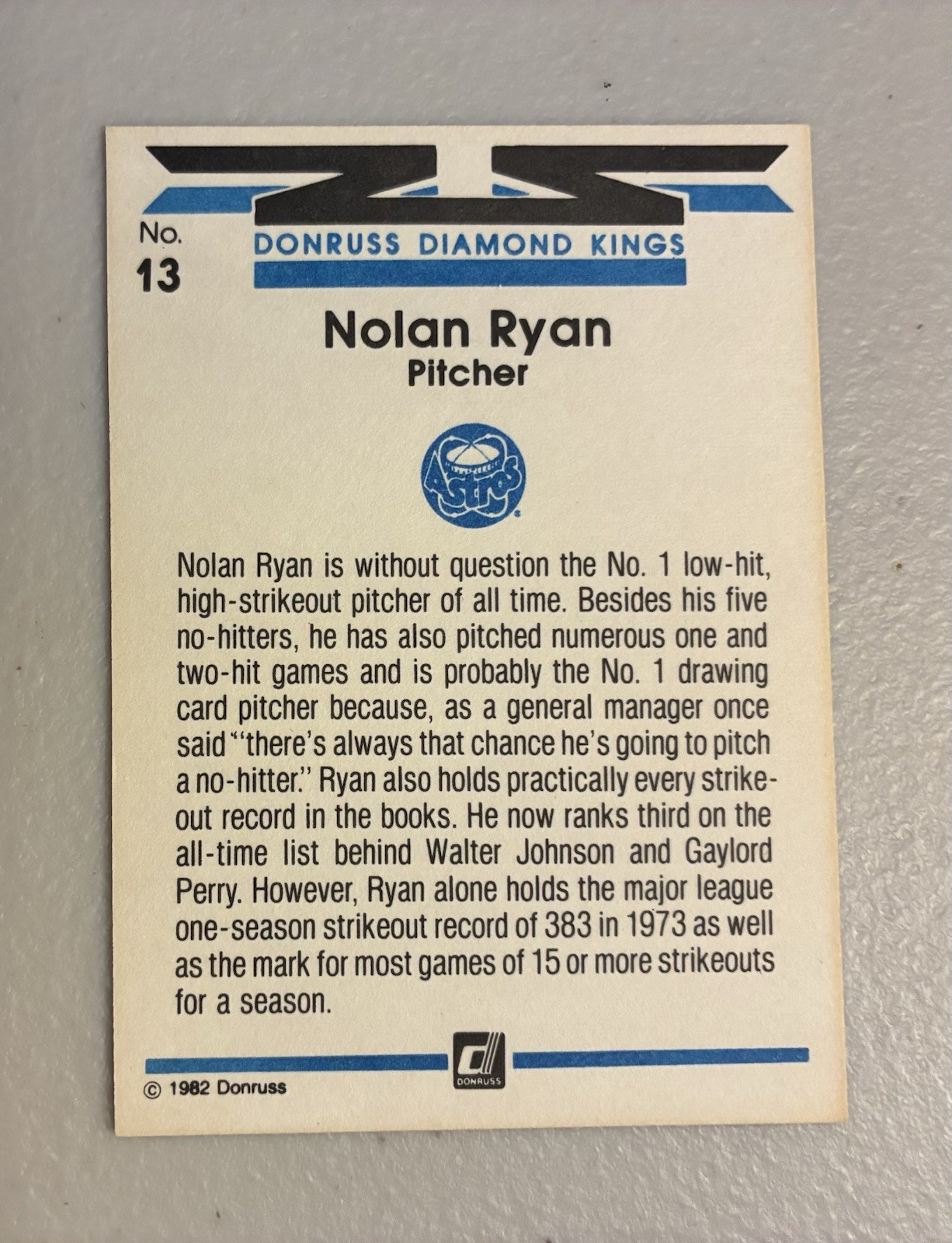 1982 Donruss Diamond Kings Nolan Ryan Baseball Card #13