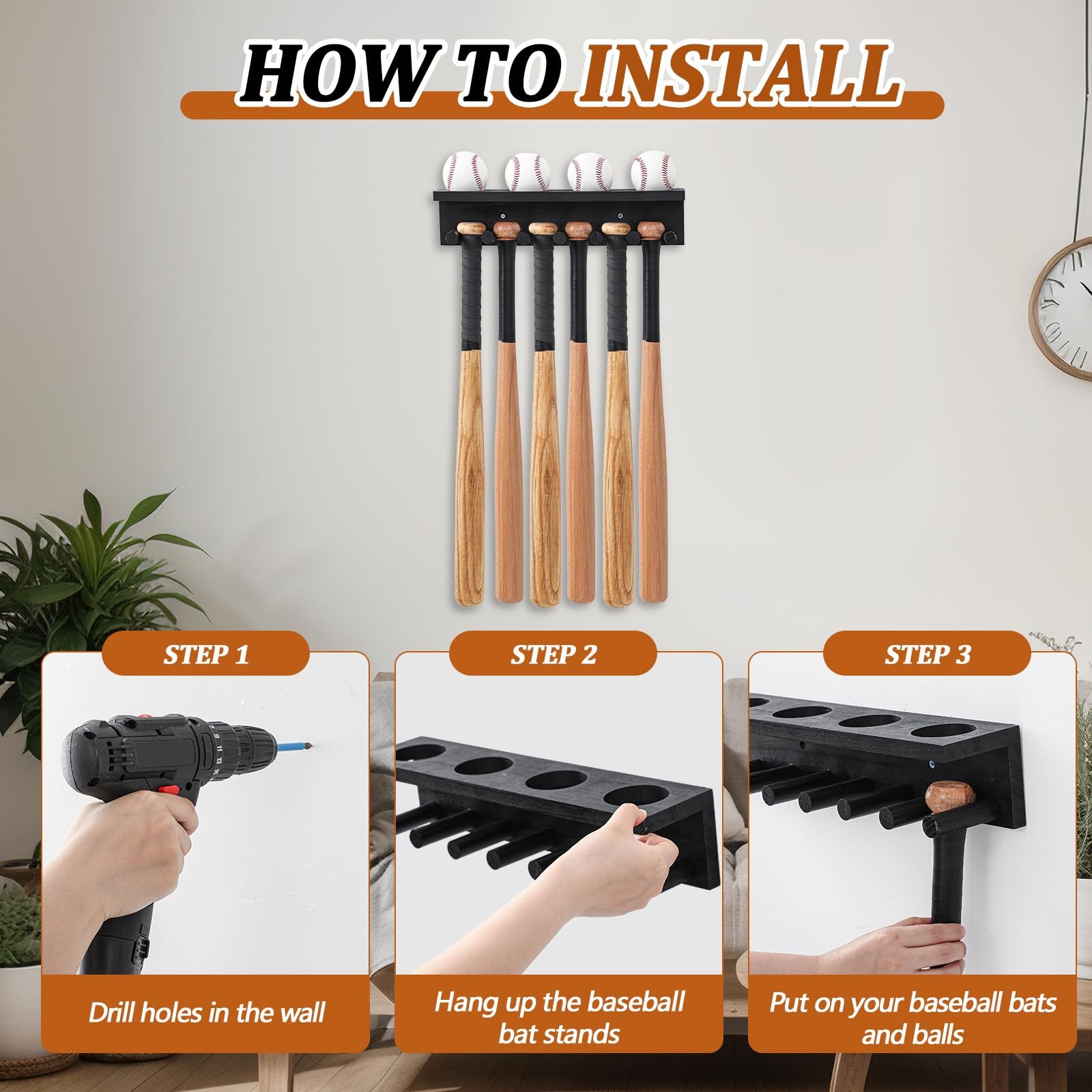 Baseball Bat and Ball Holder Wall Mounted Display Rack Can hold 4 sets of bas…