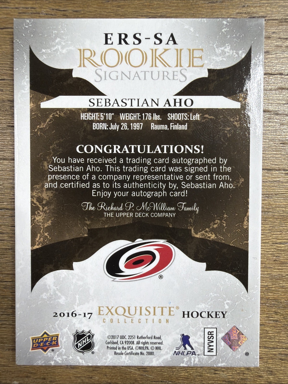 2016 EXQUISTE COLLECTION GOLD RC SIGNATURES 037/225 SEBASTIAN AHO #ERS-SA