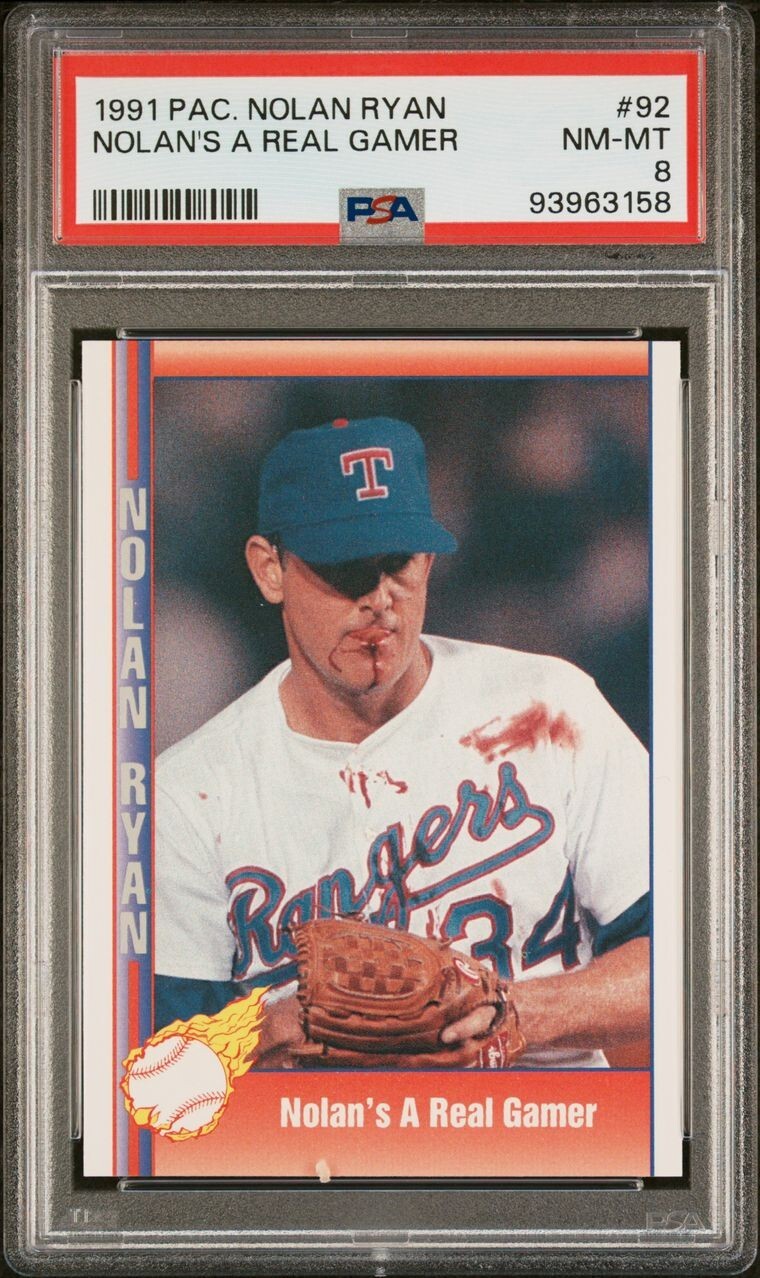 1991 Pacific NOLAN RYAN “Bloody Lip Jersey” Baseball Card #92 Graded PSA 8 NM-MT
