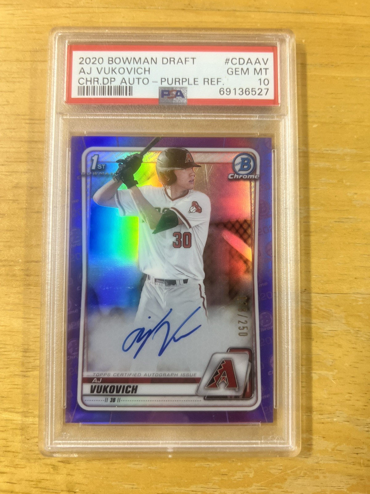 2020 Bowman Chrome Draft AJ Vukovich Purple Refractor 1st Auto/250 Rookie RC