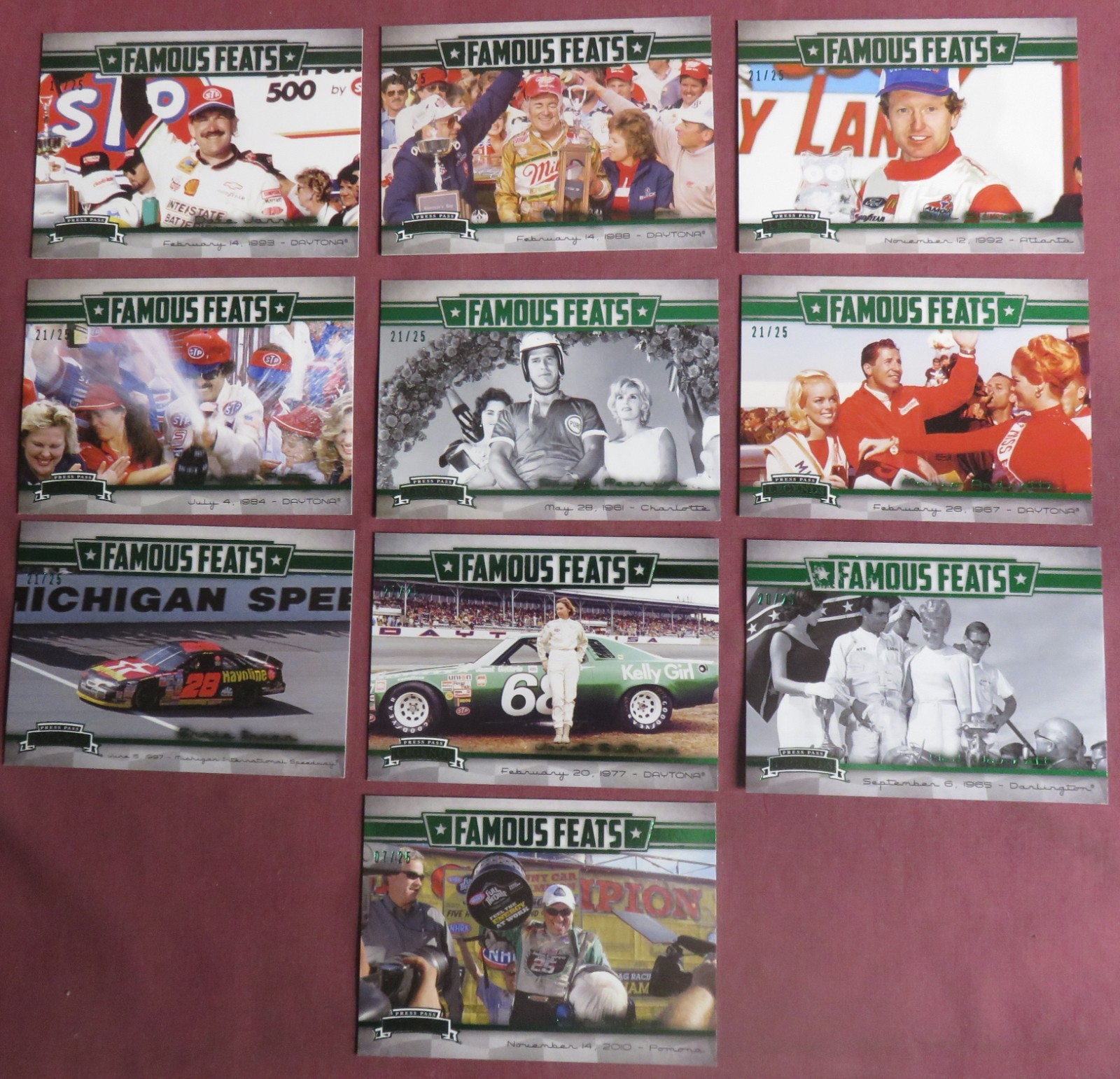 2013 PRESS PASS LEGENDS “FAMOUS FEATS”, 9 CARD RARE INSERT SET, 1 OF 25 MADE