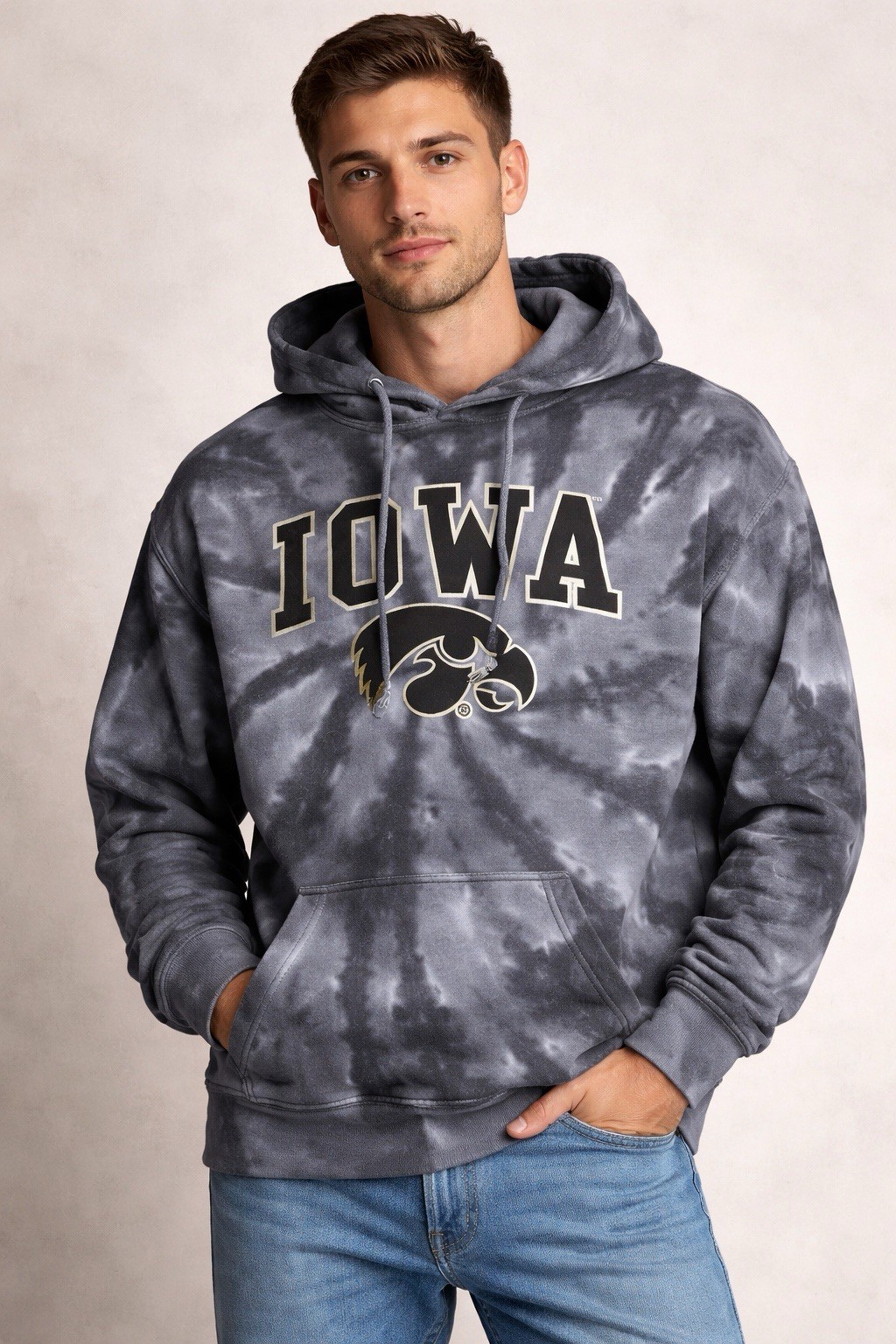 Iowa Hawkeyes Hoodie Men’s L Tie Dye Game Day Pullover Sweatshirt NCAA Gray