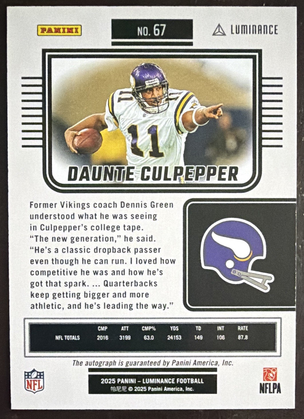 Panini 2025 Luminance Daunte Culpepper Vikings Auto 21/50 #67 Card