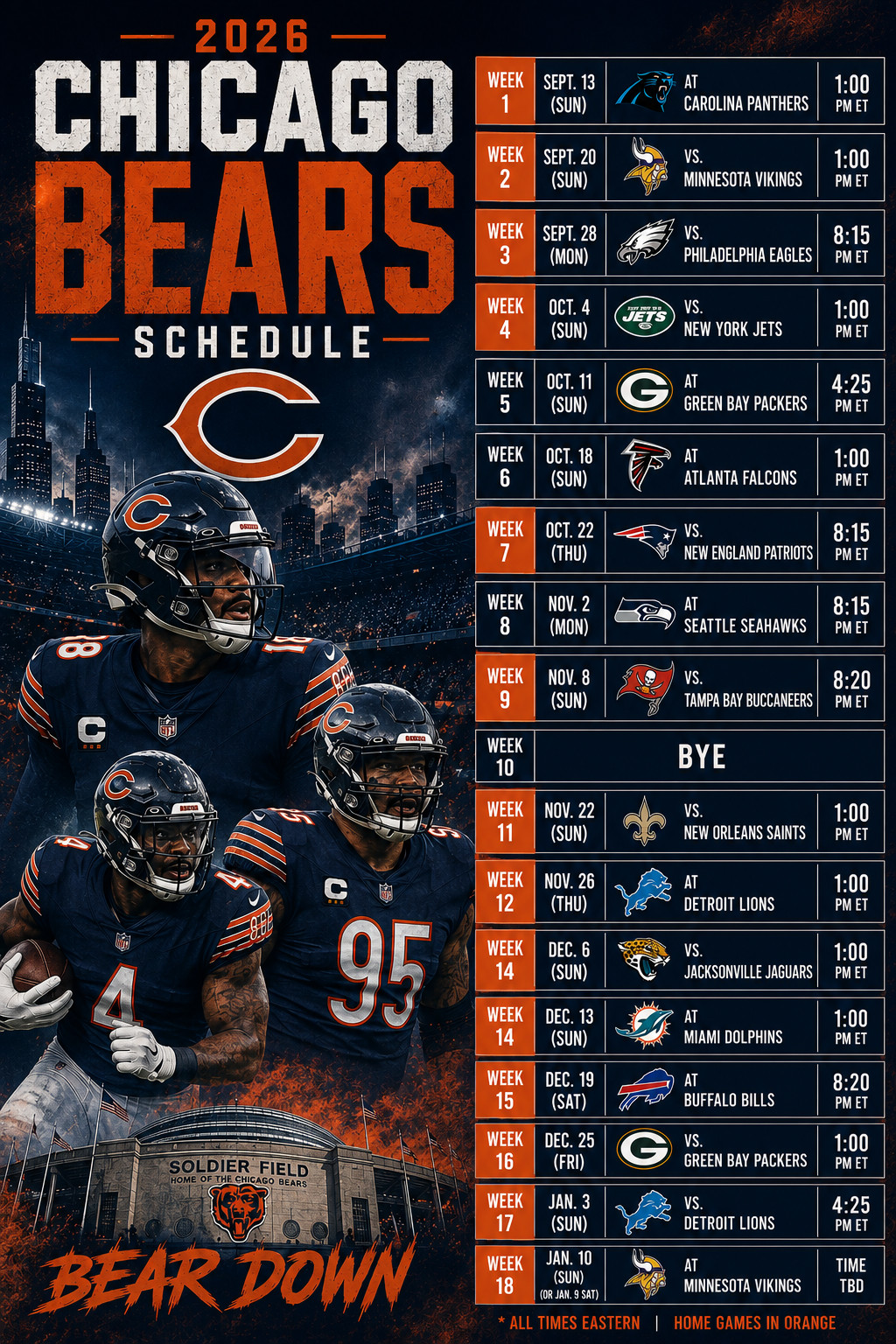 Chicago Bears 2026 Schedule Poster Multiple Sizes Chicago Bears Football
