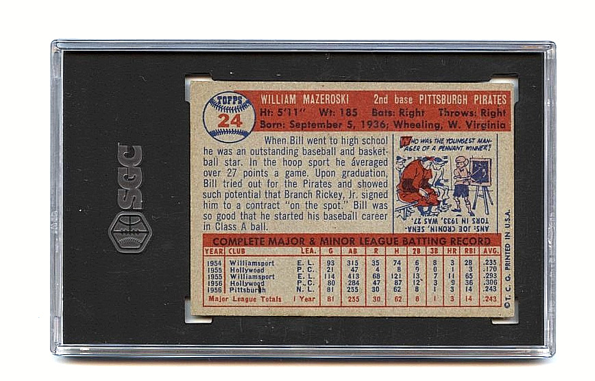 1957 Topps Bill Mazeroski Pittsburgh Pirates RC #24 ⭐️💥🎯 SGC Graded 5