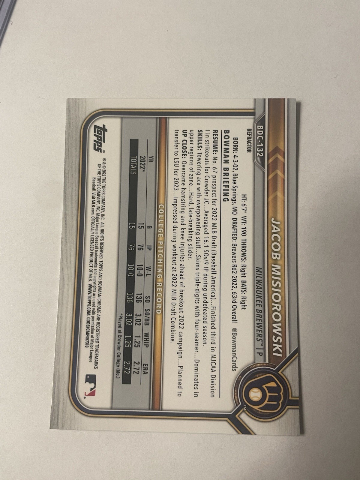 2022 Bowman Draft Jacob Misiorowski 1st Chrome Refractor #BDC-132 Brewers