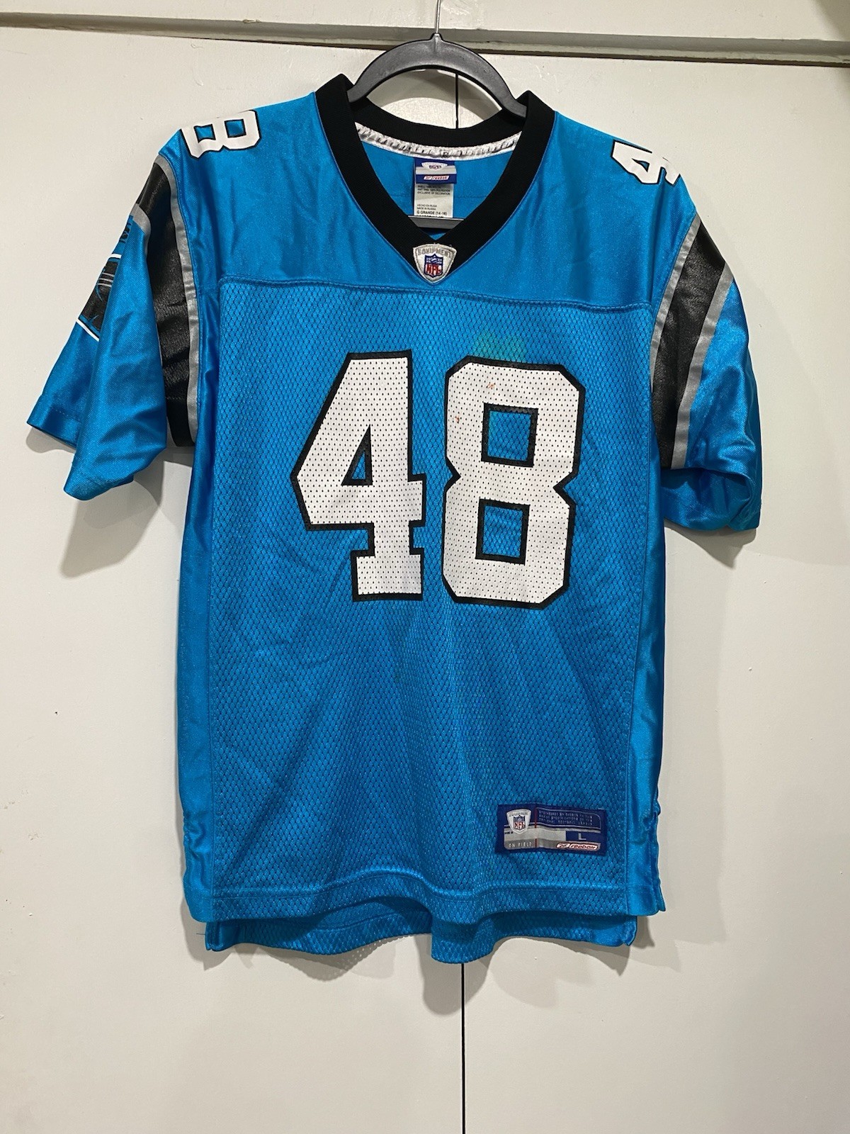 Reebok Equipment Jersey Carolina Panthers Davis #48 Large (14-16) Blue Mesh FLAW