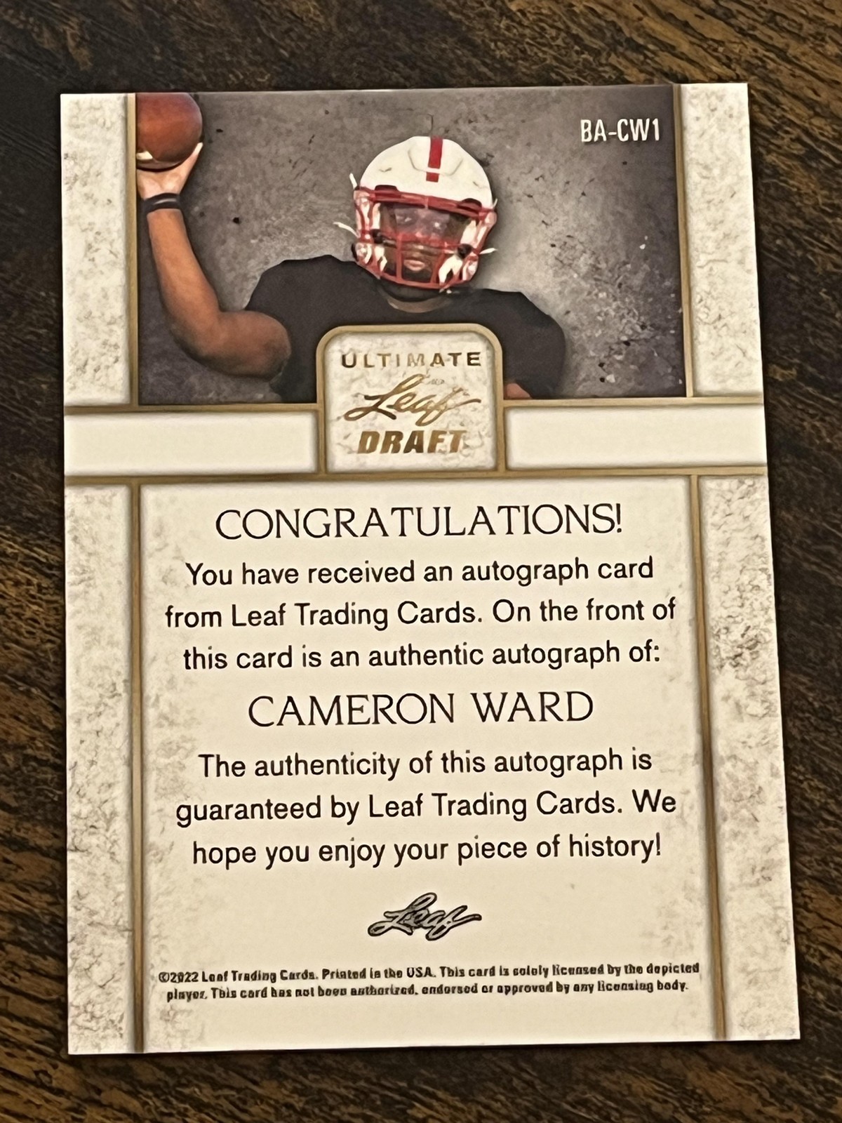 2022 Leaf Ultimate Draft #BA-CW1 Cameron Cam Ward Auto /25