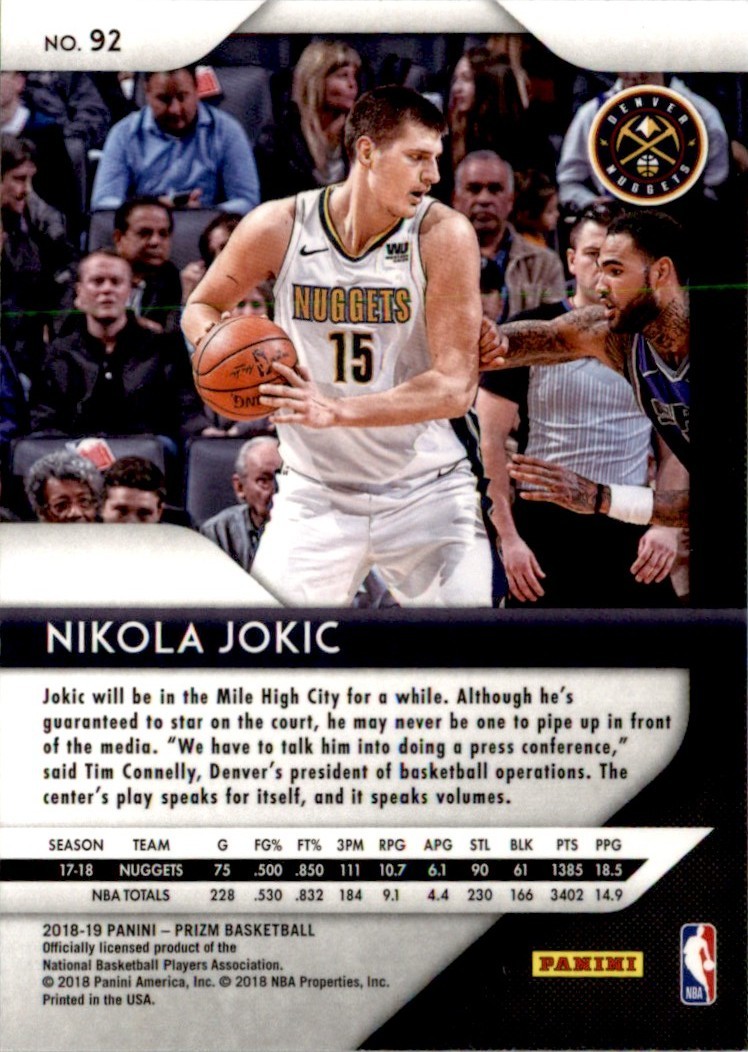 2018-19 Panini Prizm Nikola Jokic Denver Nuggets #92