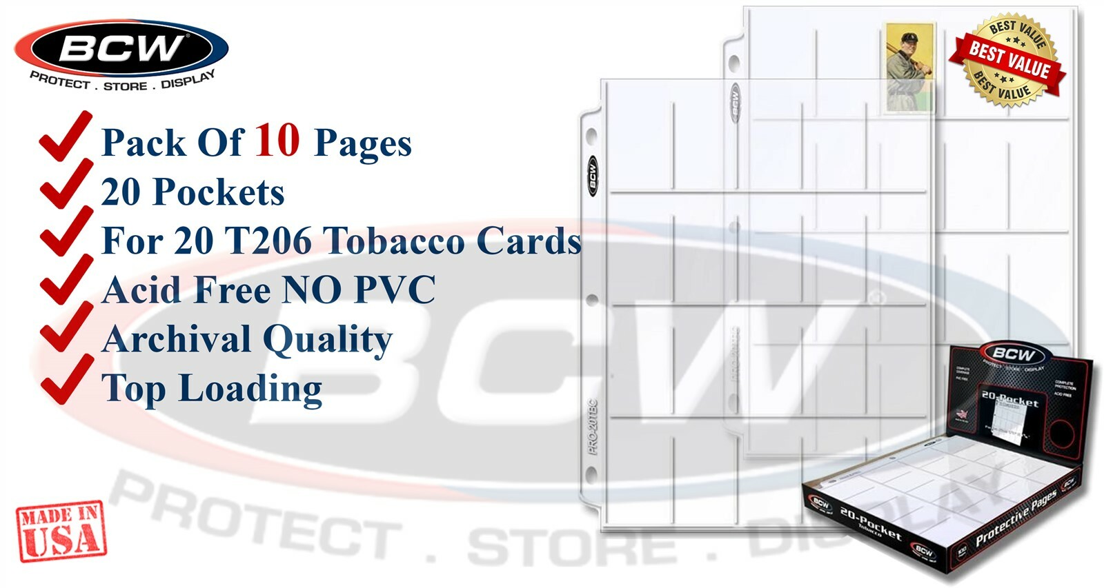 Lot Of 10 BCW Pro 20 Pocket Tobacco Card Album Pages T206 3 Rings Binder Sheets