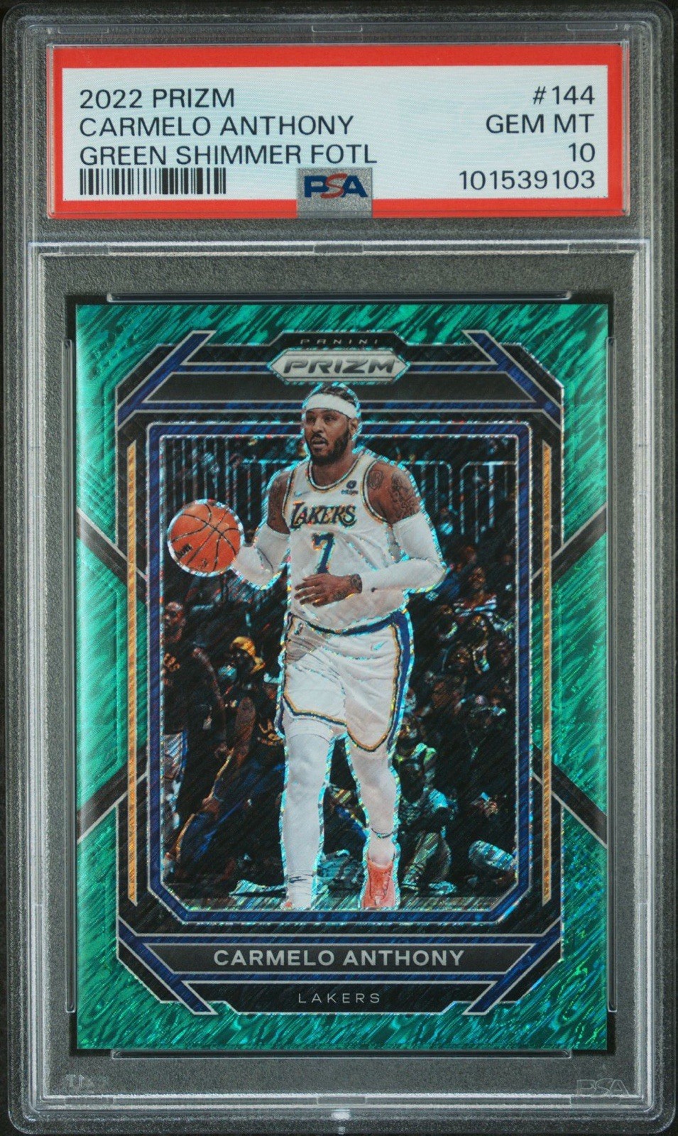 2022 Panini Prizm Carmelo Anthony #144 Lakers Green Shimmer FOTL /5 PSA 10 POP 1
