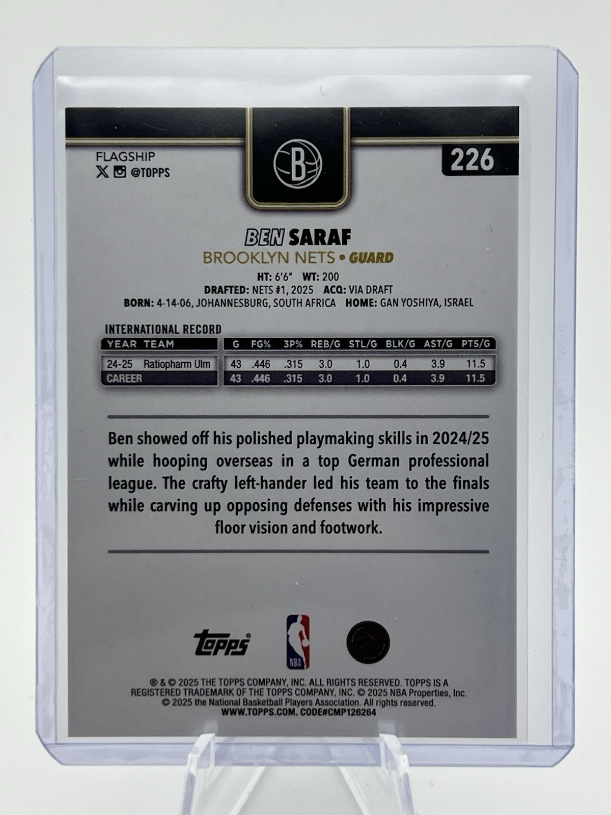 2025-26 Topps Blackout Foil Parallel Ben Saraf RC #226 Nets