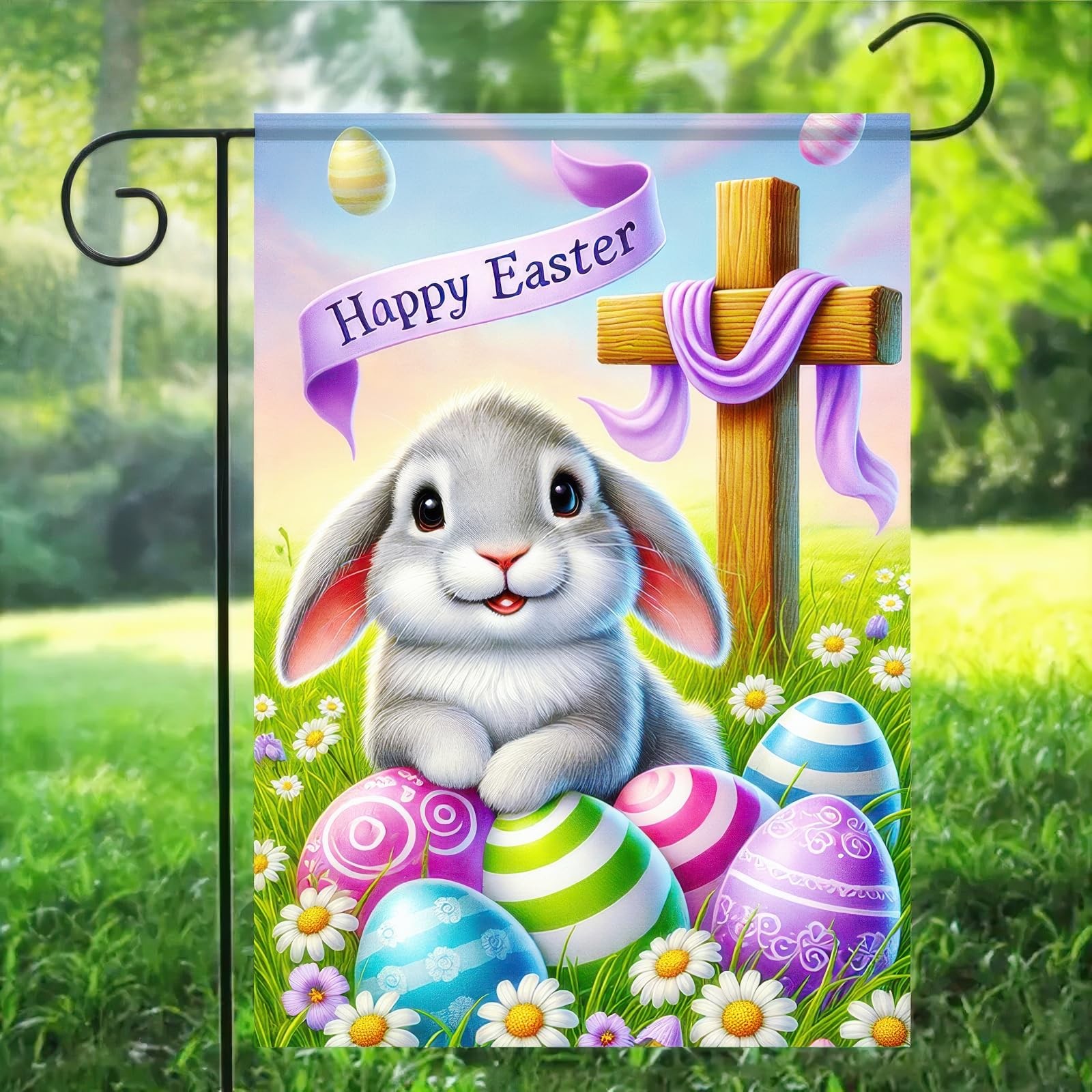 Easter Garden Flag 12×18 Double Sided Christian Bunny Yard Flag He Is Risen C
