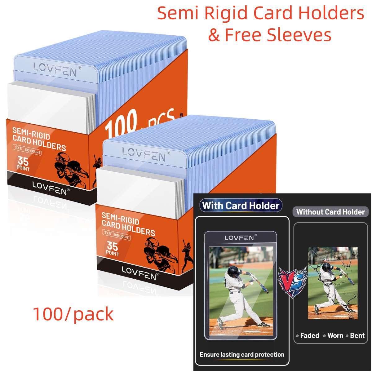 100/200/500/1000CT Semi Rigid Card Holders + Free Sleeves For 35pt Trading Cards
