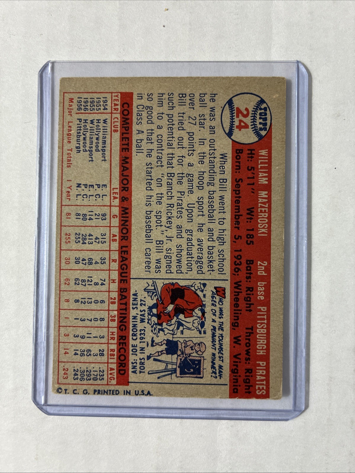 1957 Topps #24- Bill Mazeroski Rookie Rc Card. VG-EX