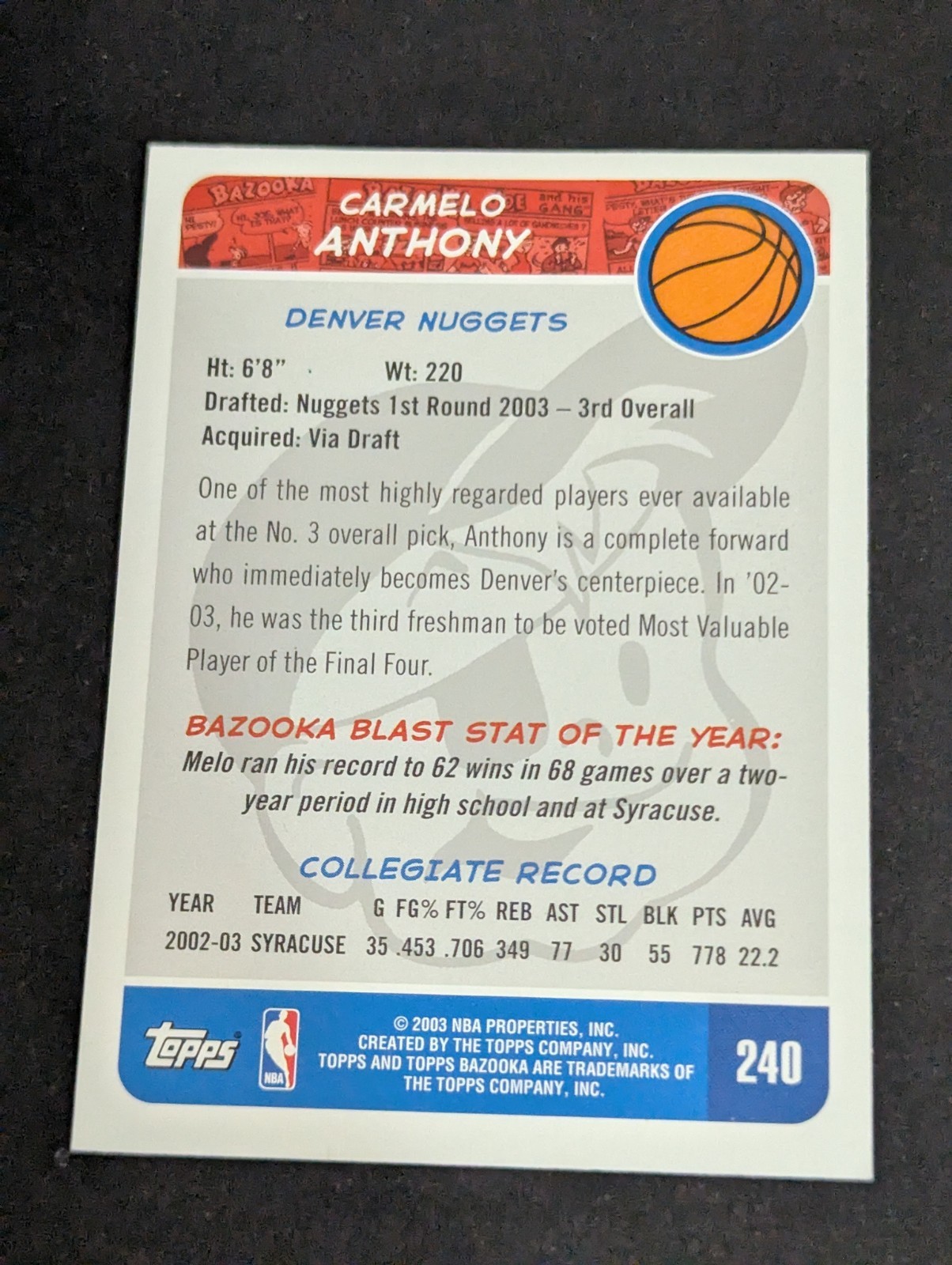 Carmelo Anthony 2003-04 Bazooka Mini (Blue Jersey) Rookie RC #240 HOF Nuggets