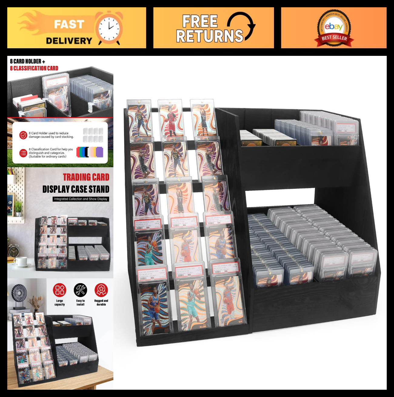 Large Capacity 5-Tier Trading Card Display Stand, Holds 200+ Slabs, Wooden Stora