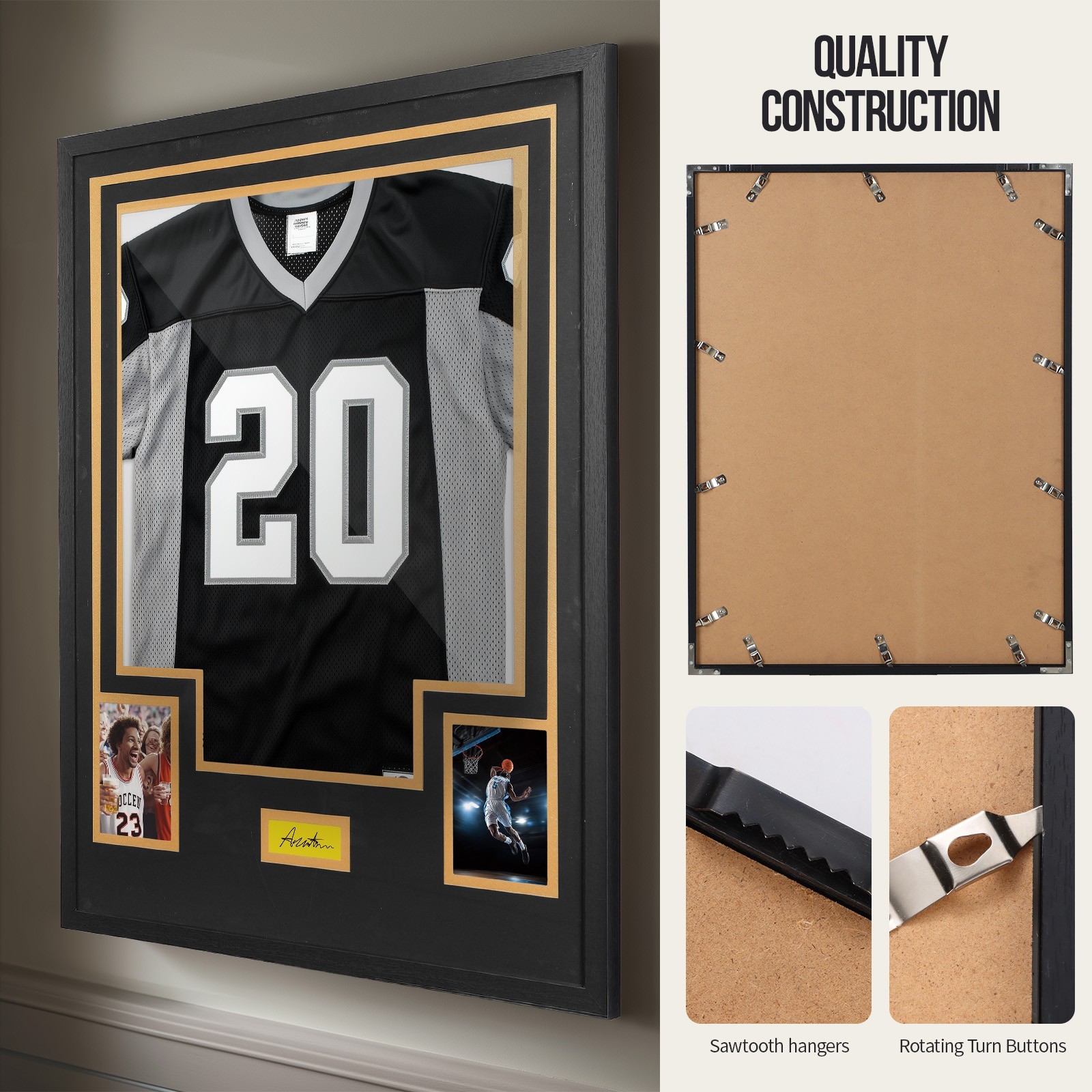 Black & White Jersey Display, Wall Mount Frame w/ Mat, Photo Slot & Hardware