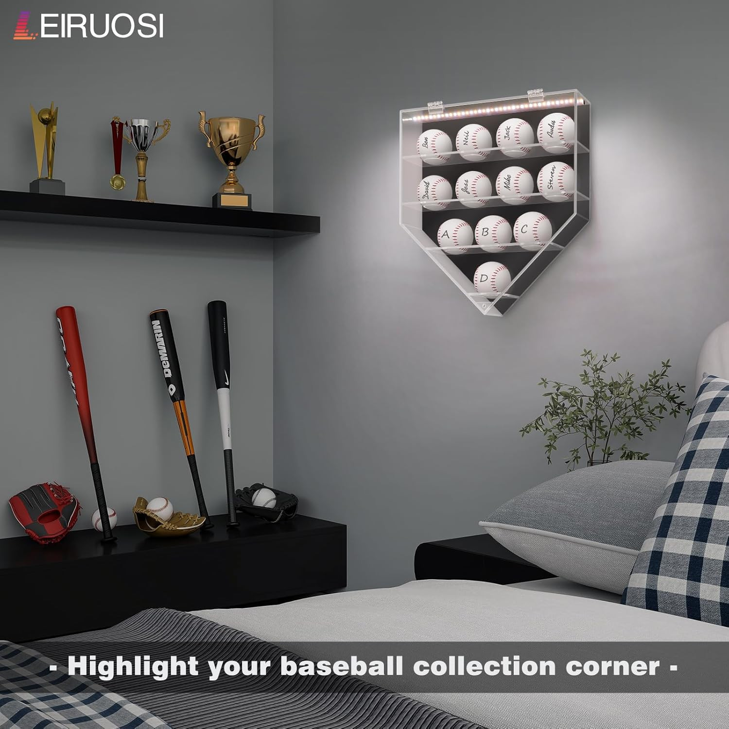 Lighted Acrylic Baseball Display Case for 12 Balls, UV Protected Shadow Box