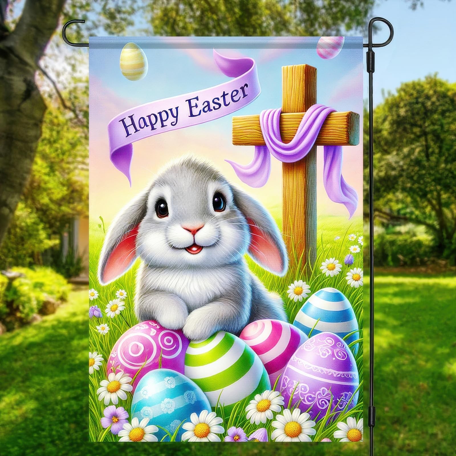 Easter Garden Flag 12×18 Double Sided Christian Bunny Yard Flag He Is Risen C