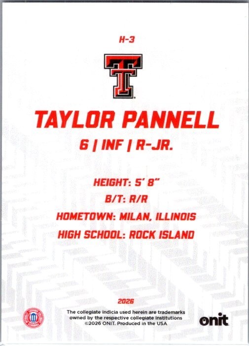 2026 ONIT Athlete NIL Texas Tech Softball #H-3 Taylor Pannell Hype Kaleidoscope