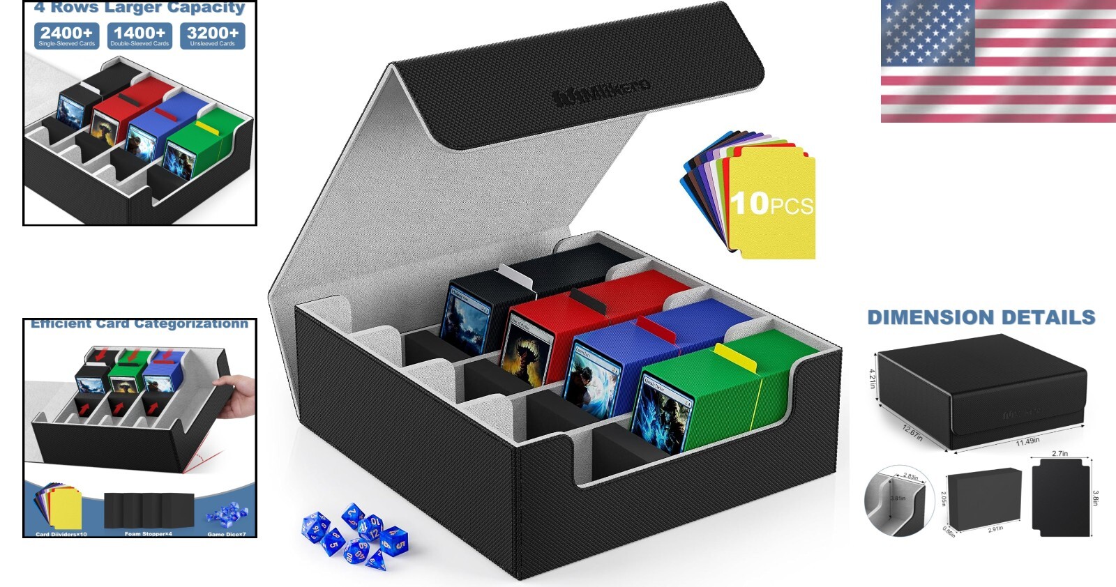 Large Capacity Card Storage Box – 4 Rows for MTG, TCG, Football & Baseball Cards