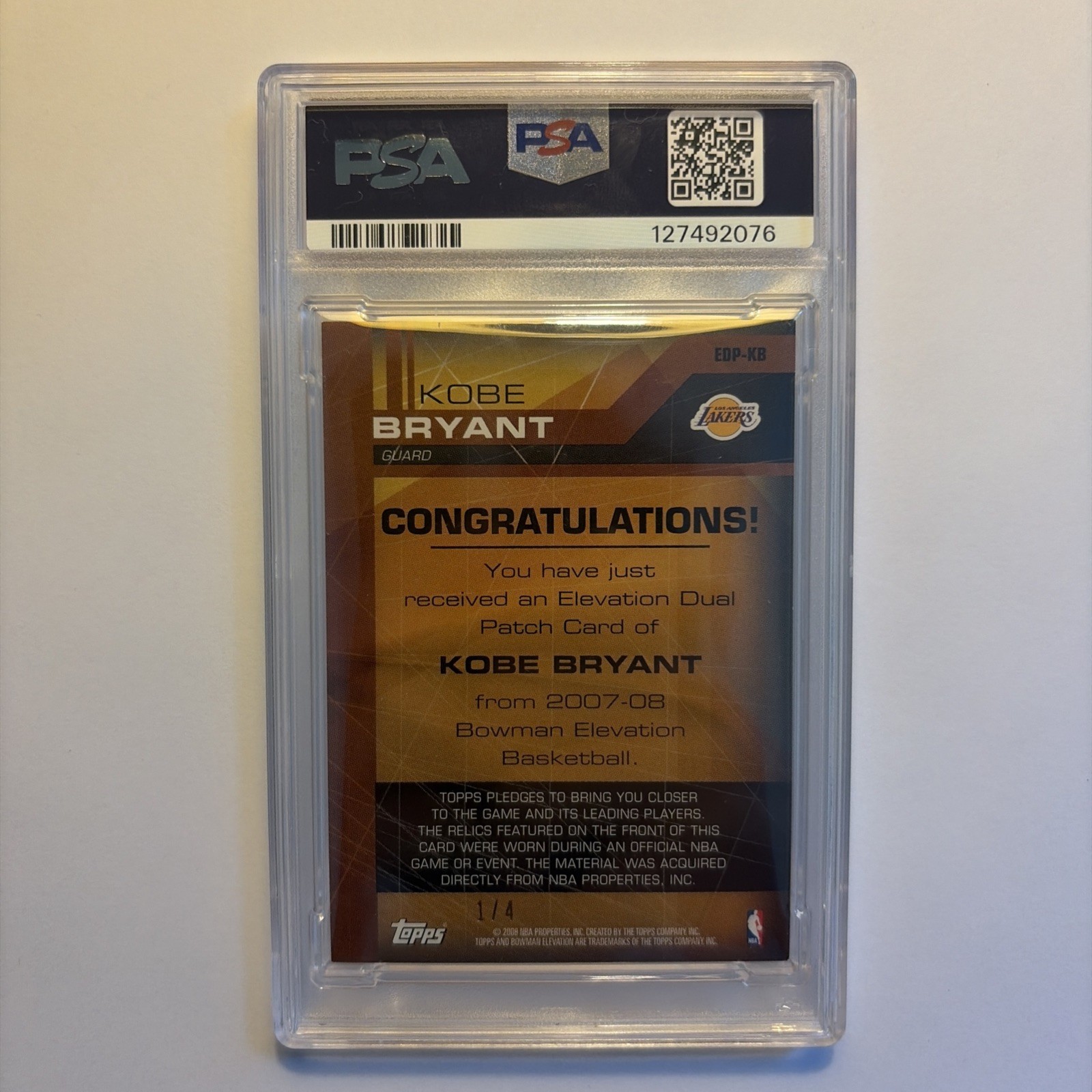 2007-08 Bowman Elevation Kobe Bryant Dual Patches Red 1/4 REEBOK LOGO PSA 8