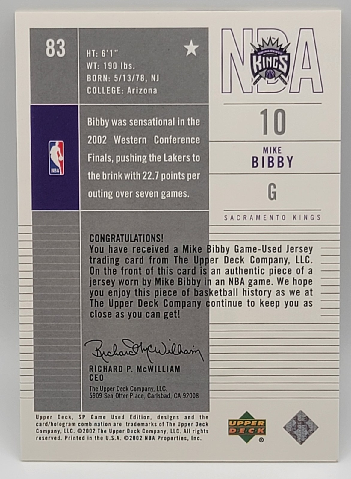 2002-03 SP Game Used Edition – Authentic Fabrics Mike Bibby #83 (MEM)