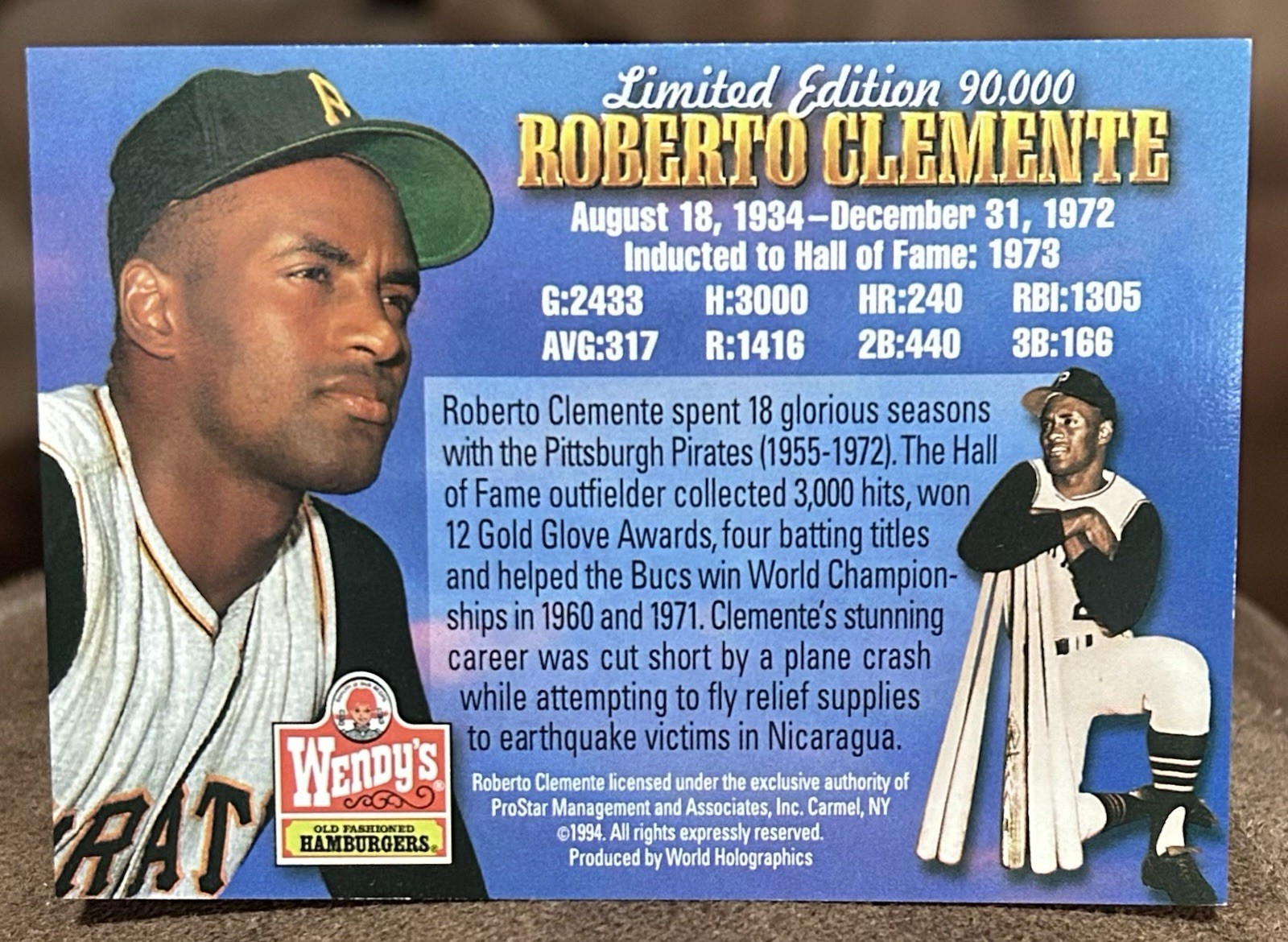 1994 WENDYS LIMITED EDITION ROBERTO CLEMENTE 3000TH HIT HOLOGRAM /90000
