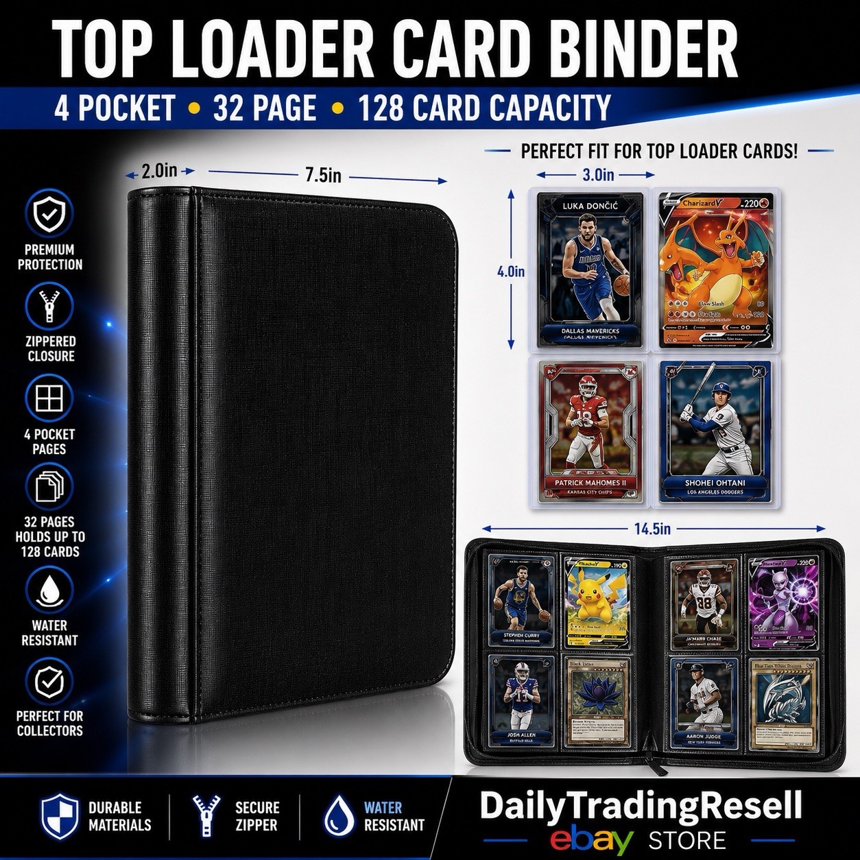 Top Loader Binder 4 Pocket – Black – Card Album Zippered Toploader 35pt Case NEW