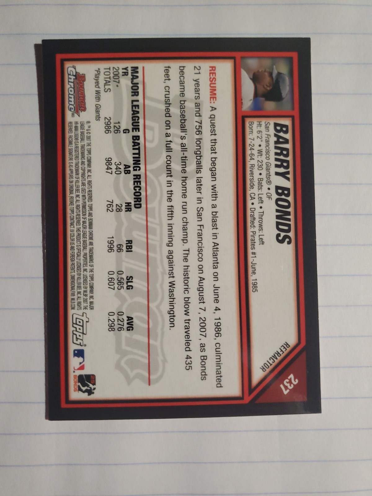 2007 Bowman Chrome Barry Bonds Refractor #237