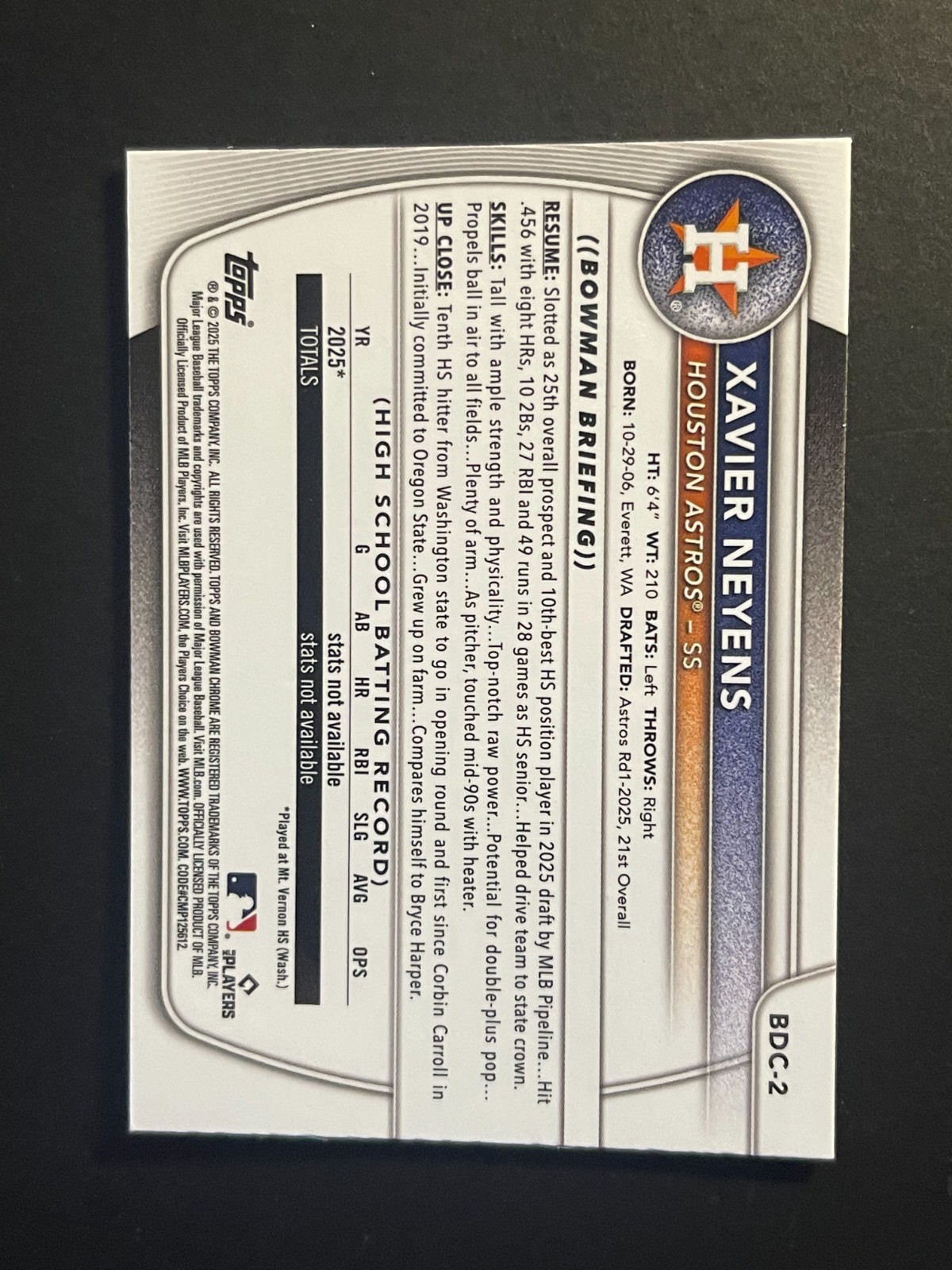 A203 -2025 Bowman Chrom Draft Xavier Neyens 1st Prospect #BDC-2 Laser Refractor
