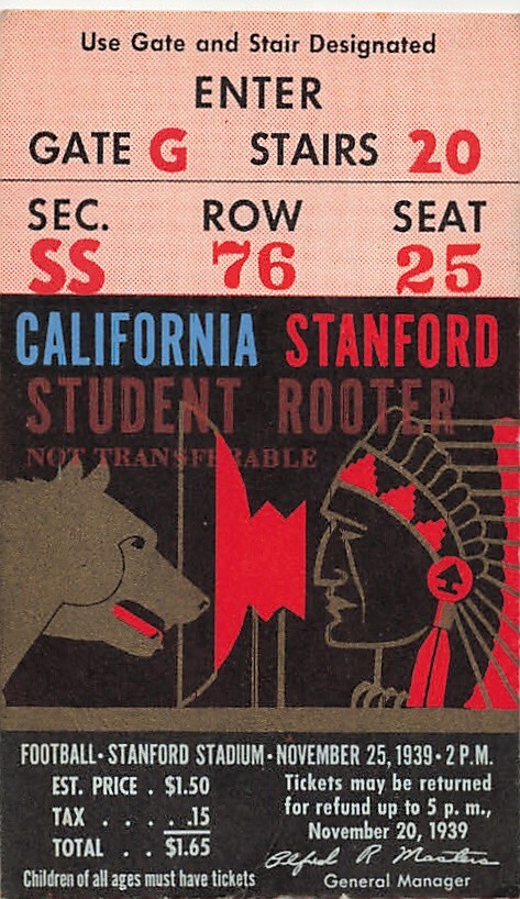 1938 Stanford Football Ticket Stub California VS Stanford Nov 25th 4×2.5 inches