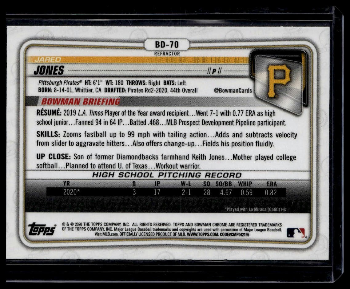 Jared Jones 2020 Bowman Draft Chrome 1st Refractor