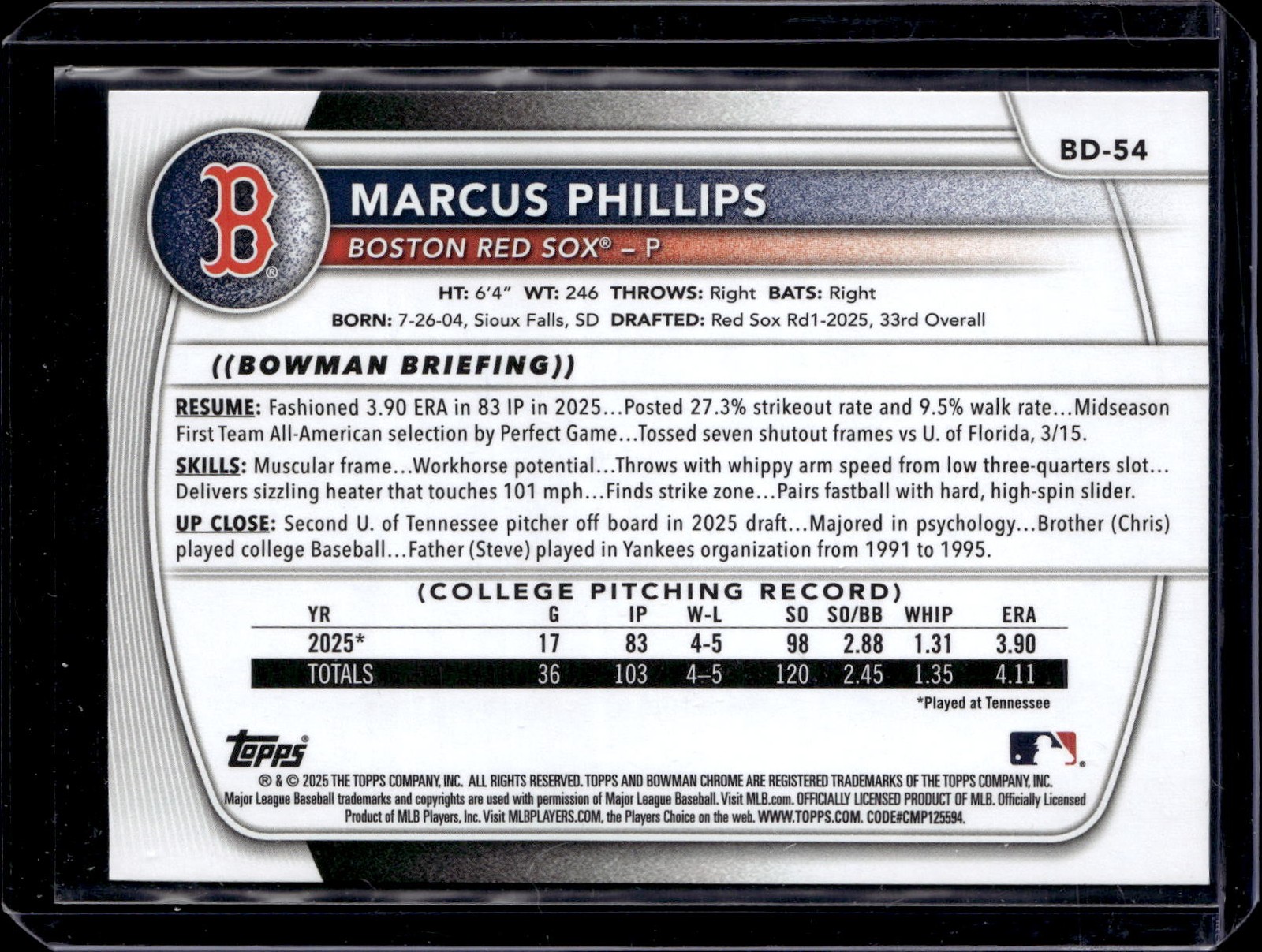2025 Bowman Draft #BD-54 Marcus Phillips Sky Blue Border #/499