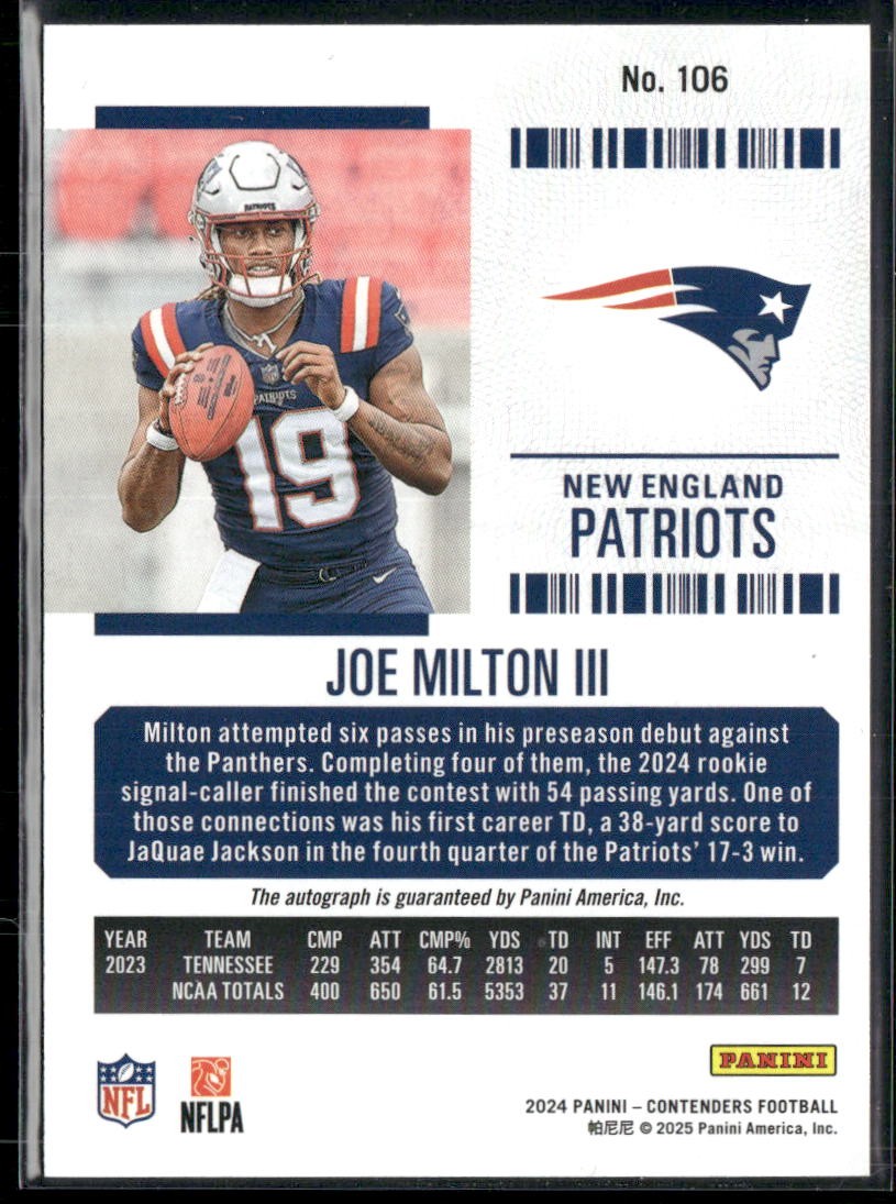 Joe Milton III Panini 2024 Panini Contenders #106 Playoff Ticket SN,RC,AU #/149
