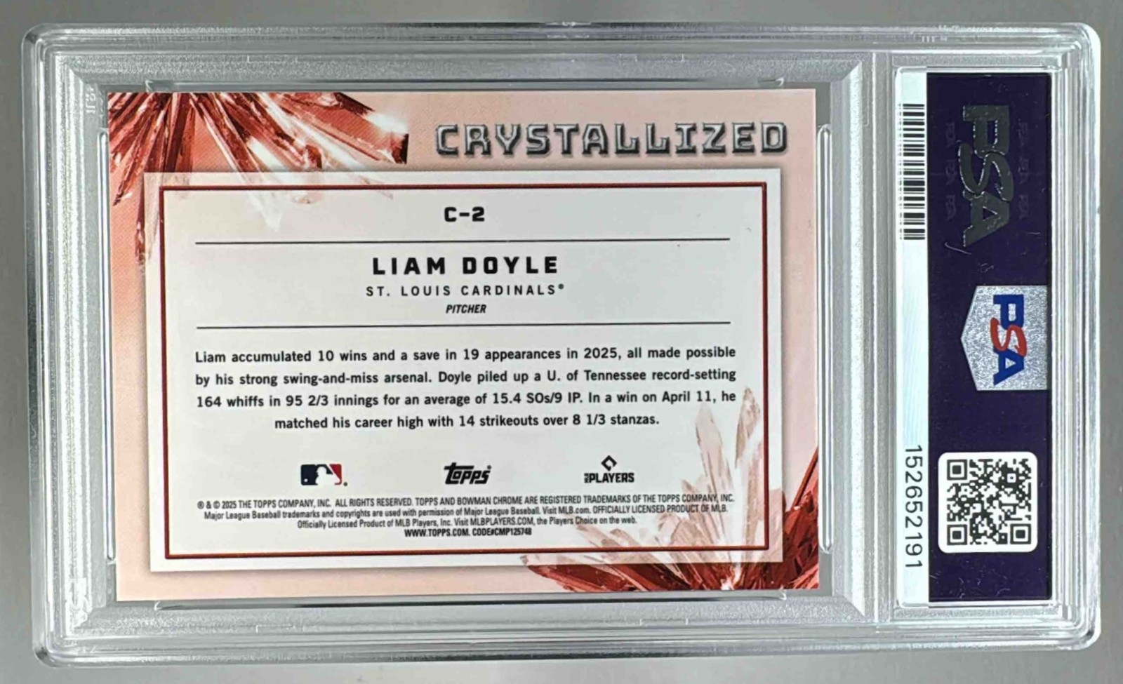 Liam Doyle 2025 Bowman Chrome Draft #C-2 Gold Refractor Crystallized /50 PSA 10