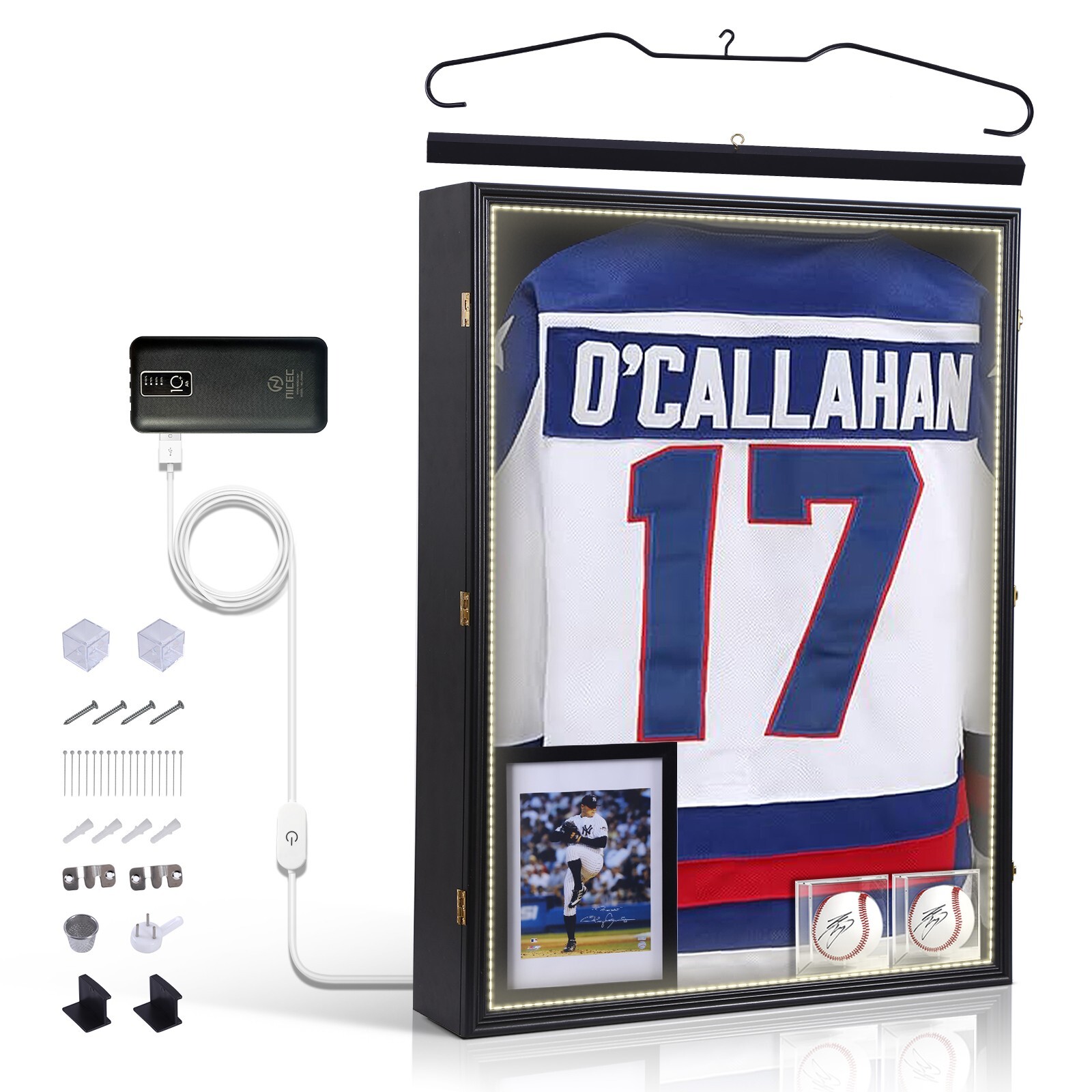 XL Jersey Display Case with LED Light, Jersey Frame Display Case with Power Bank