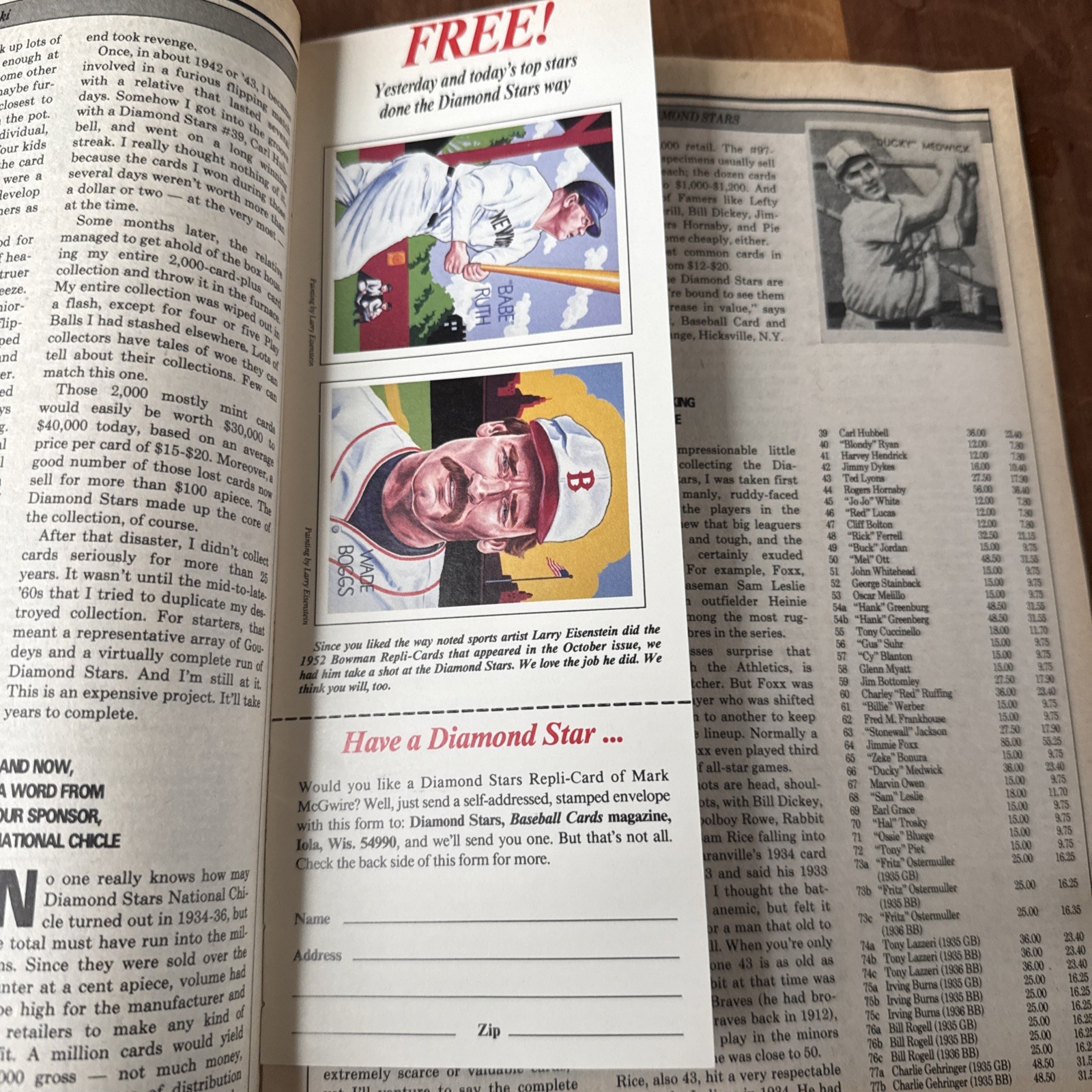 1988 BASEBALL CARDS MAGAZINE WITH BABE RUTH, BOGGS DIAMOND STAR CARDS UNCUT MINT